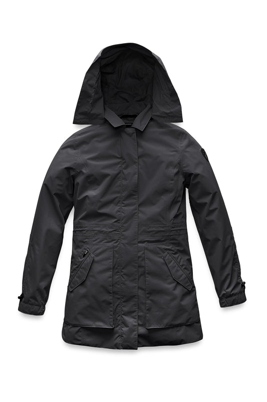 Women's thigh length raincoat with collar and non-removable hood in Black