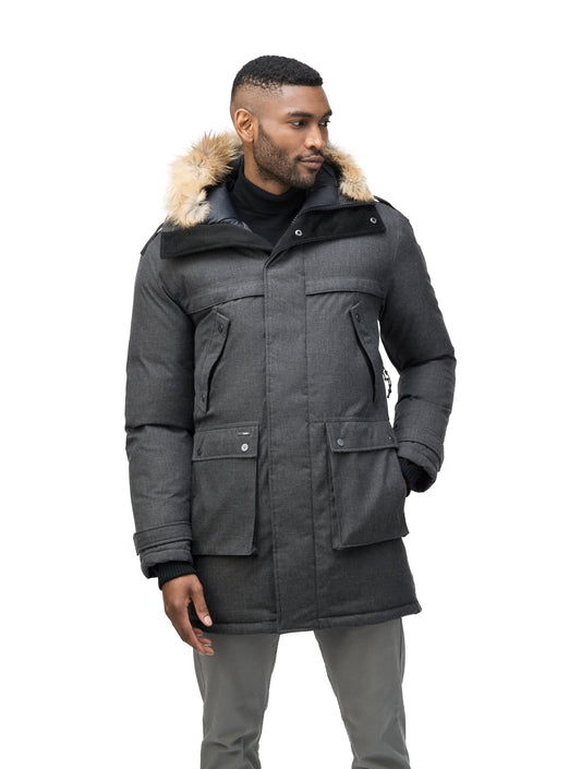 Men's Best Selling Parka the Yatesy is a down filled jacket with a zipper closure and magnetic placket in H. Charcoal