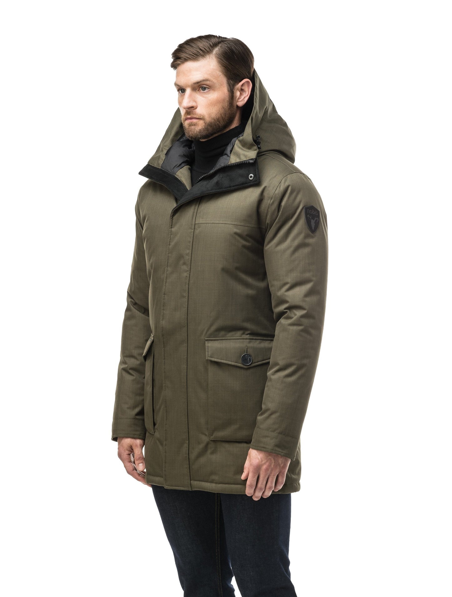 Men's slim fitting waist length parka with removable fur trim on the hood and two waist patch pockets in CH Army Green