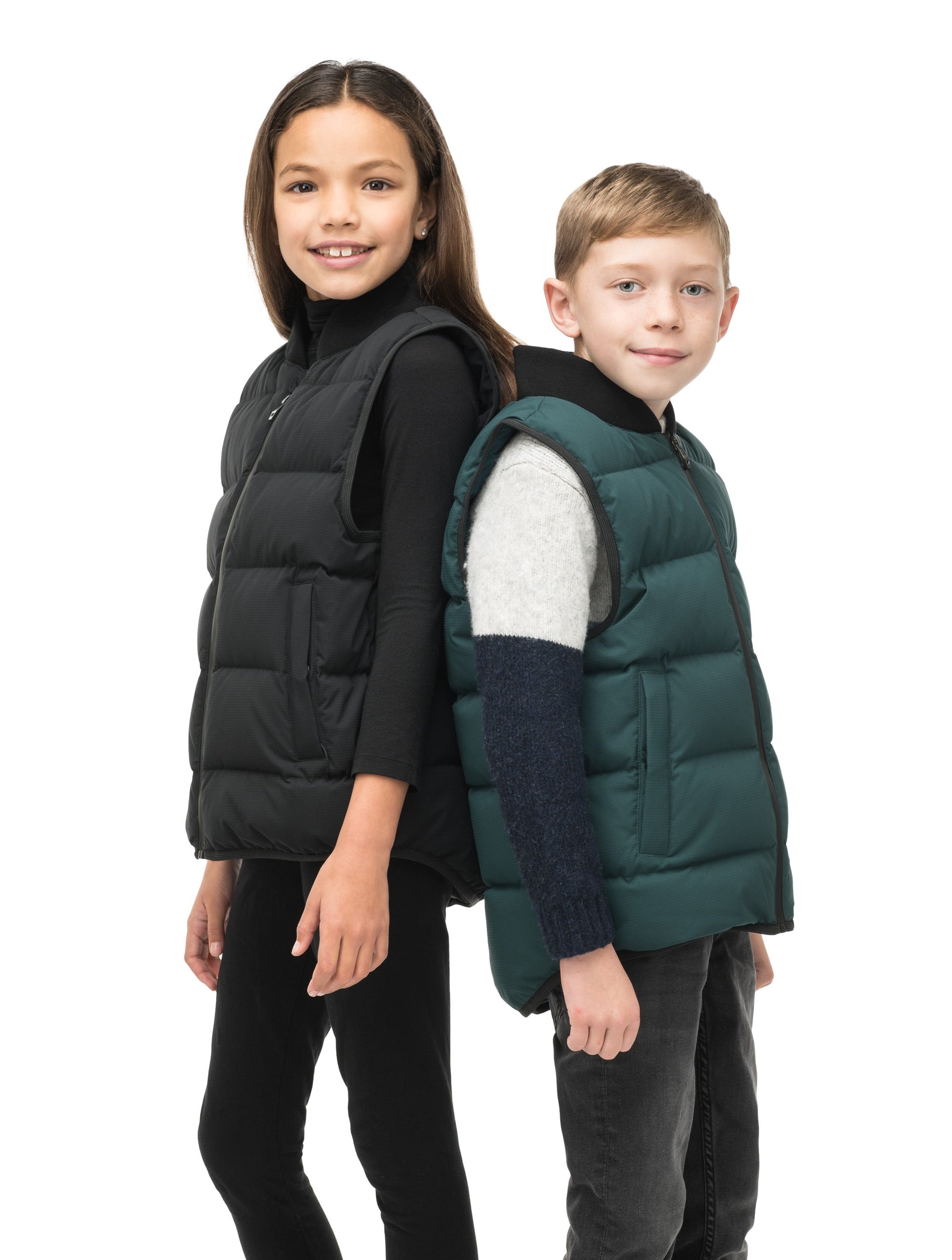 Little Pluto Kids Mid Layer Vest in hip length, Canadian duck down insulation, ribbed collar, two-way front zipper, and quilted body, in Black